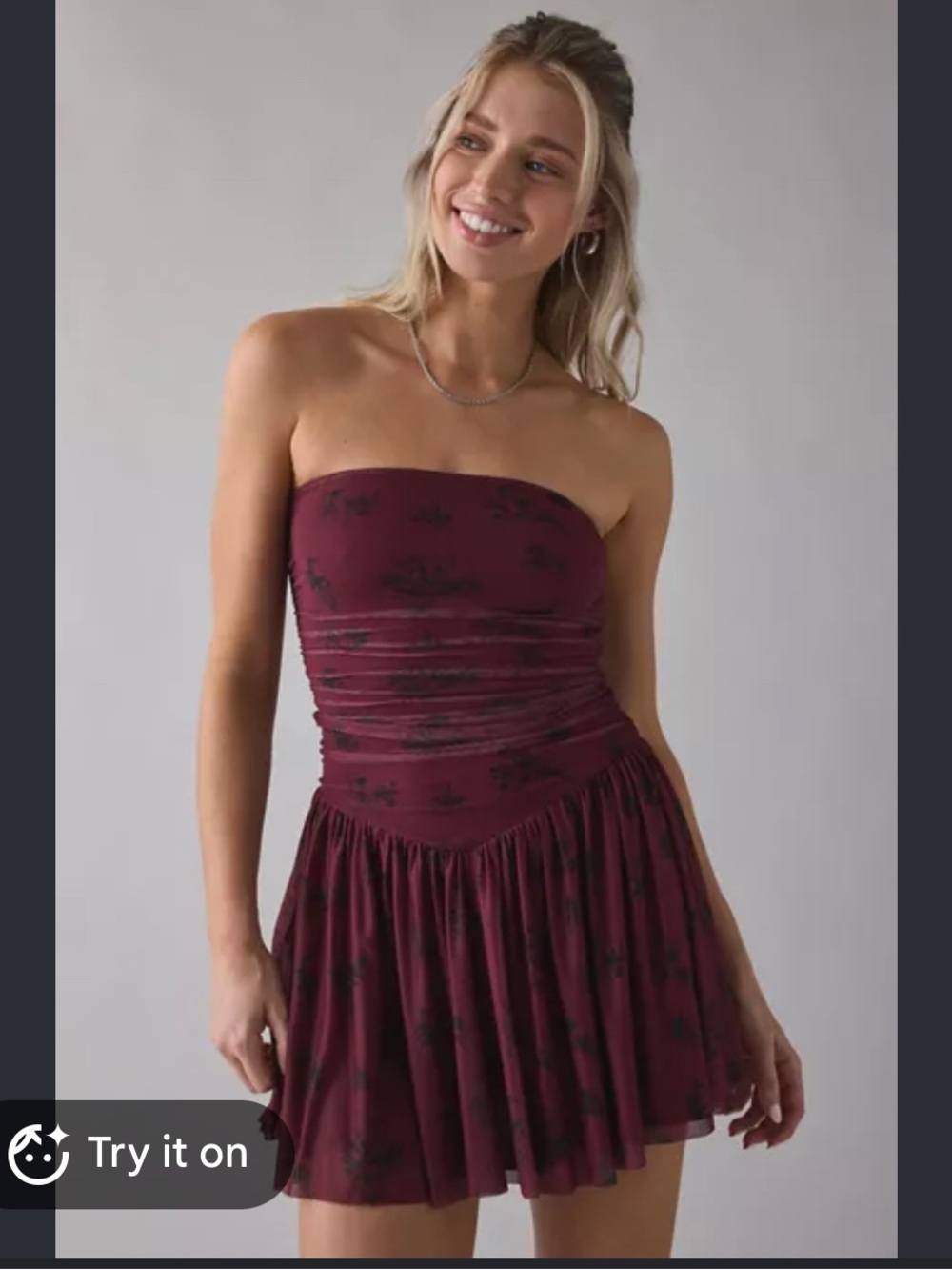 Urban Outfitters burgundy mini dress with black floral print, size M
